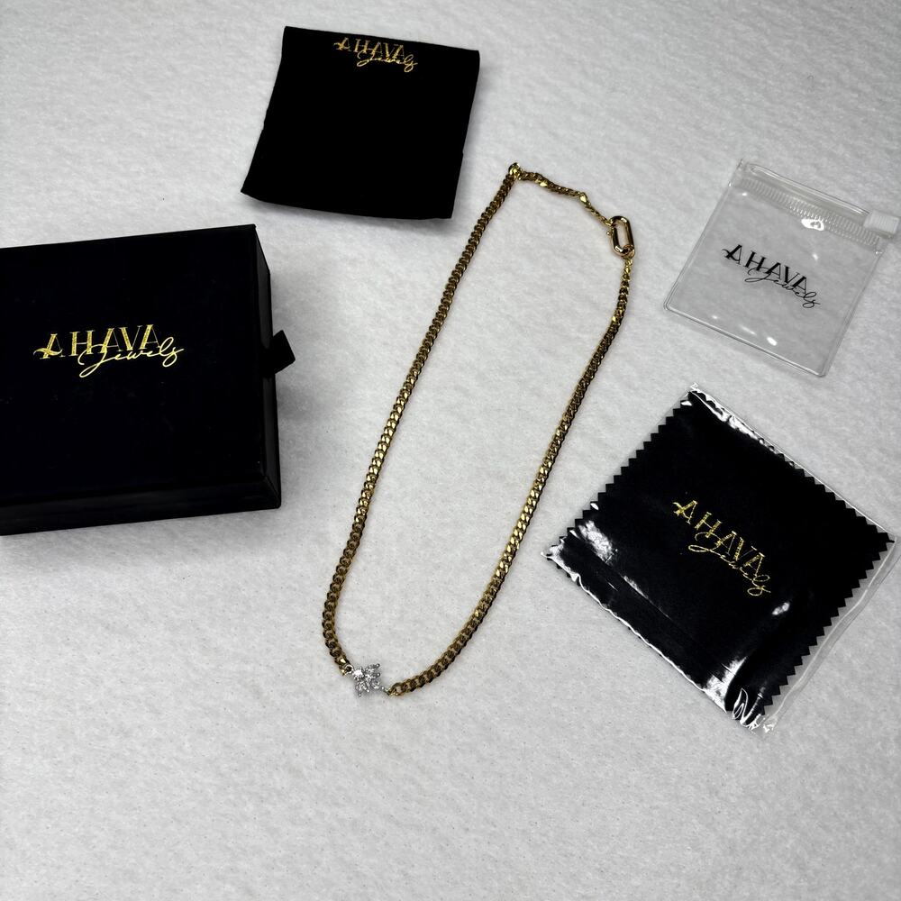 Ahava Jewels Gold Cuban Chain Crystal Butterfly Necklace 16” New in Box